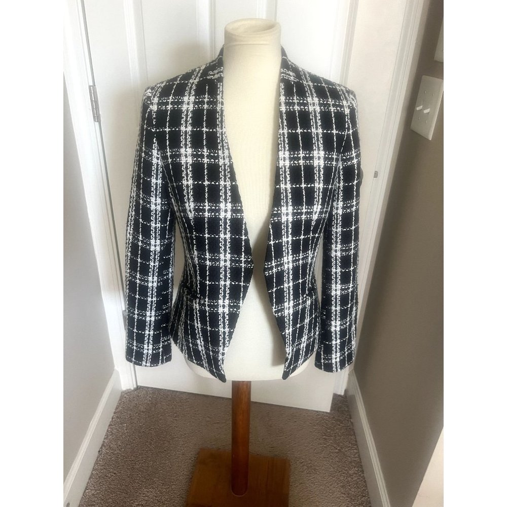 Calvin Klein Black and White Tweed Angled-Front Open Blazer - Size 6